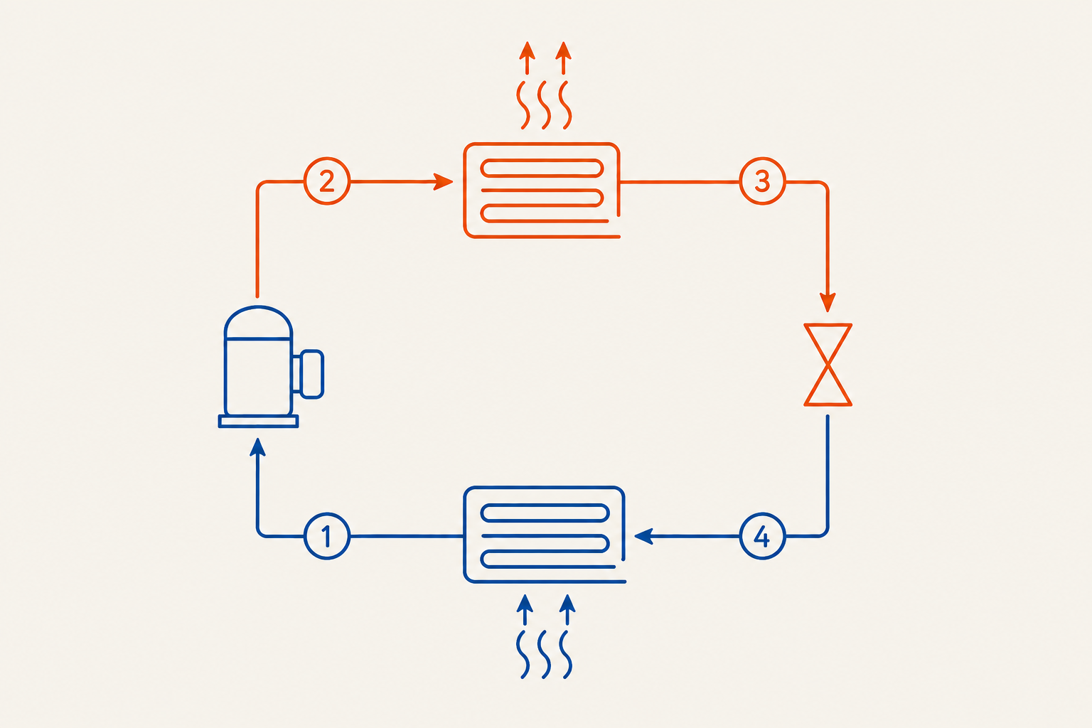 Refrigeration cycle diagram with compressor, condenser, expansion valve, and evaporator
